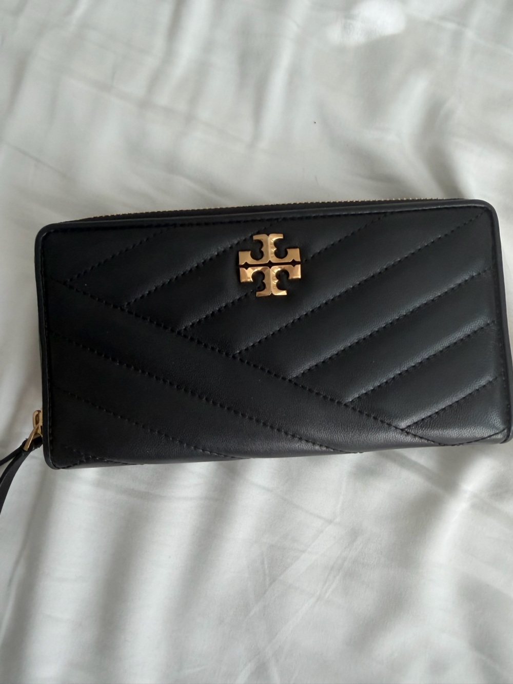 Tory Burch Black Quilted Leather Zip Wallet with Gold Logo